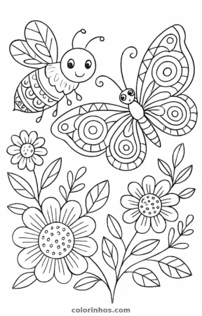 Abelha e borboleta, desenho em preto e branco para colorir