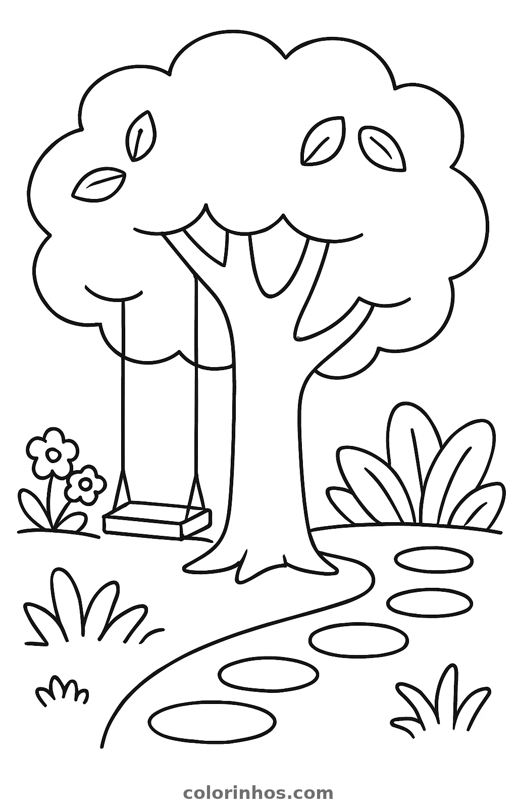 Árvore com balanço de tábua pendurado na copa e caminho de pedras, desenho para colorir