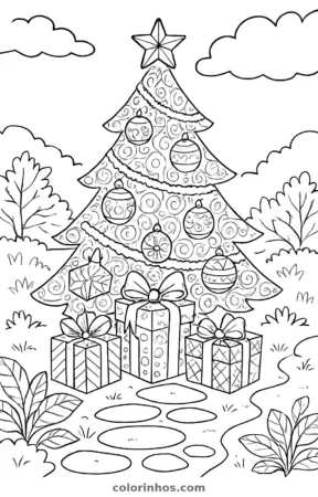Árvore de Natal com presentes, desenho em preto e branco para colorir