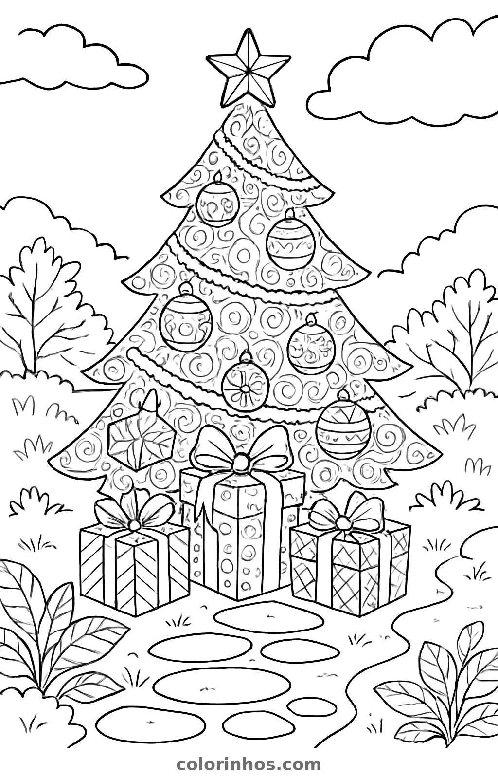 Árvore de Natal com estrela, bolas e festões, três presentes embaixo e caminho de pedras, desenho para colorir
