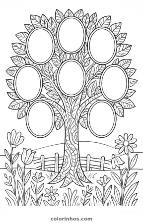 Árvore genealógica, desenho em preto e branco para colorir