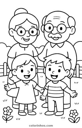 Avós com os netos, desenho em preto e branco para colorir