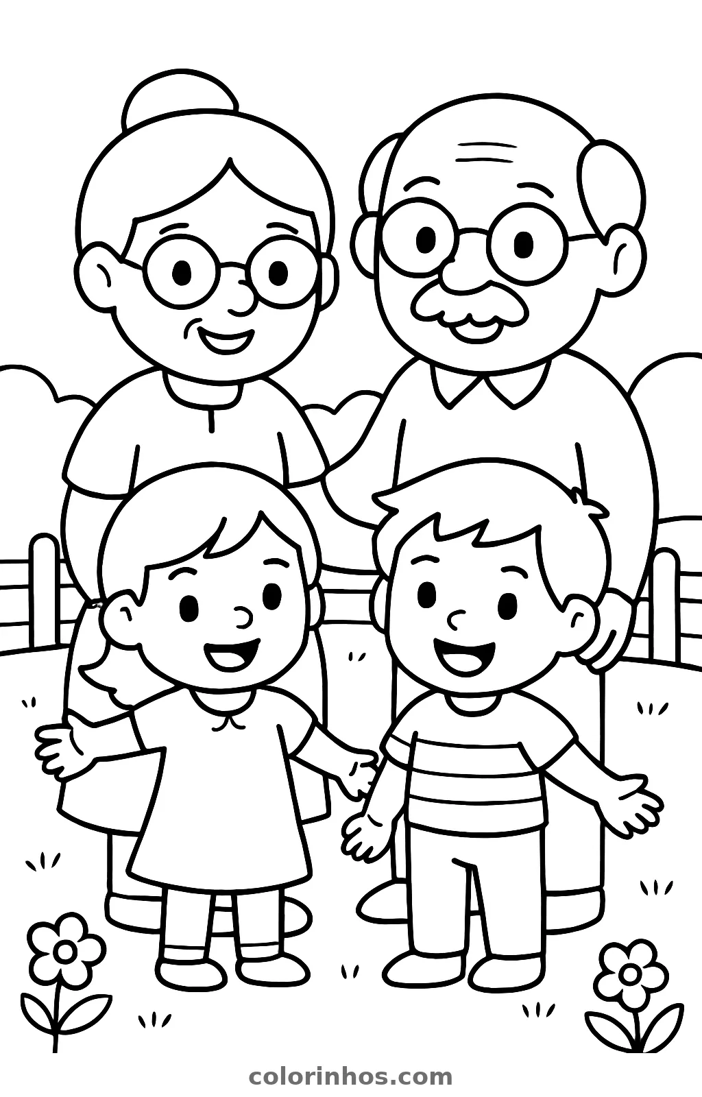 Uma senhora de coque e um senhor de bigode, ambos de óculos, atrás de uma menina e um menino num jardim com cerca, desenho para colorir