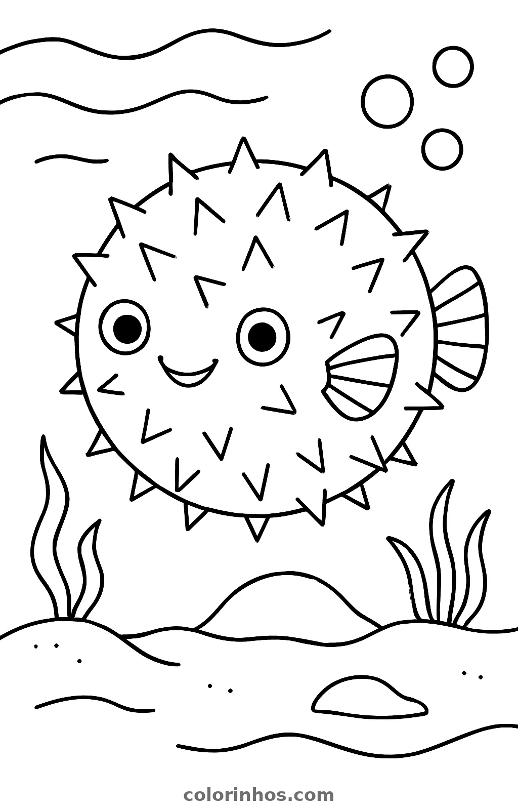 Baiacu redondo e cheio de espinhos, de frente e sorrindo, sobre o fundo do mar, desenho para colorir