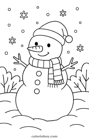Boneco de neve com gorro de pompom, cachecol listrado e nariz de cenoura sob flocos de neve, desenho para colorir