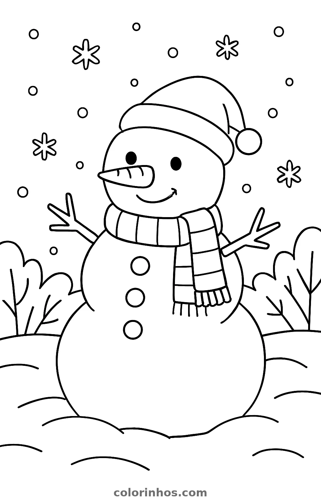 Boneco de neve de gorro e cachecol, desenho em preto e branco para colorir