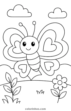 Borboleta com asas de coração, desenho em preto e branco para colorir