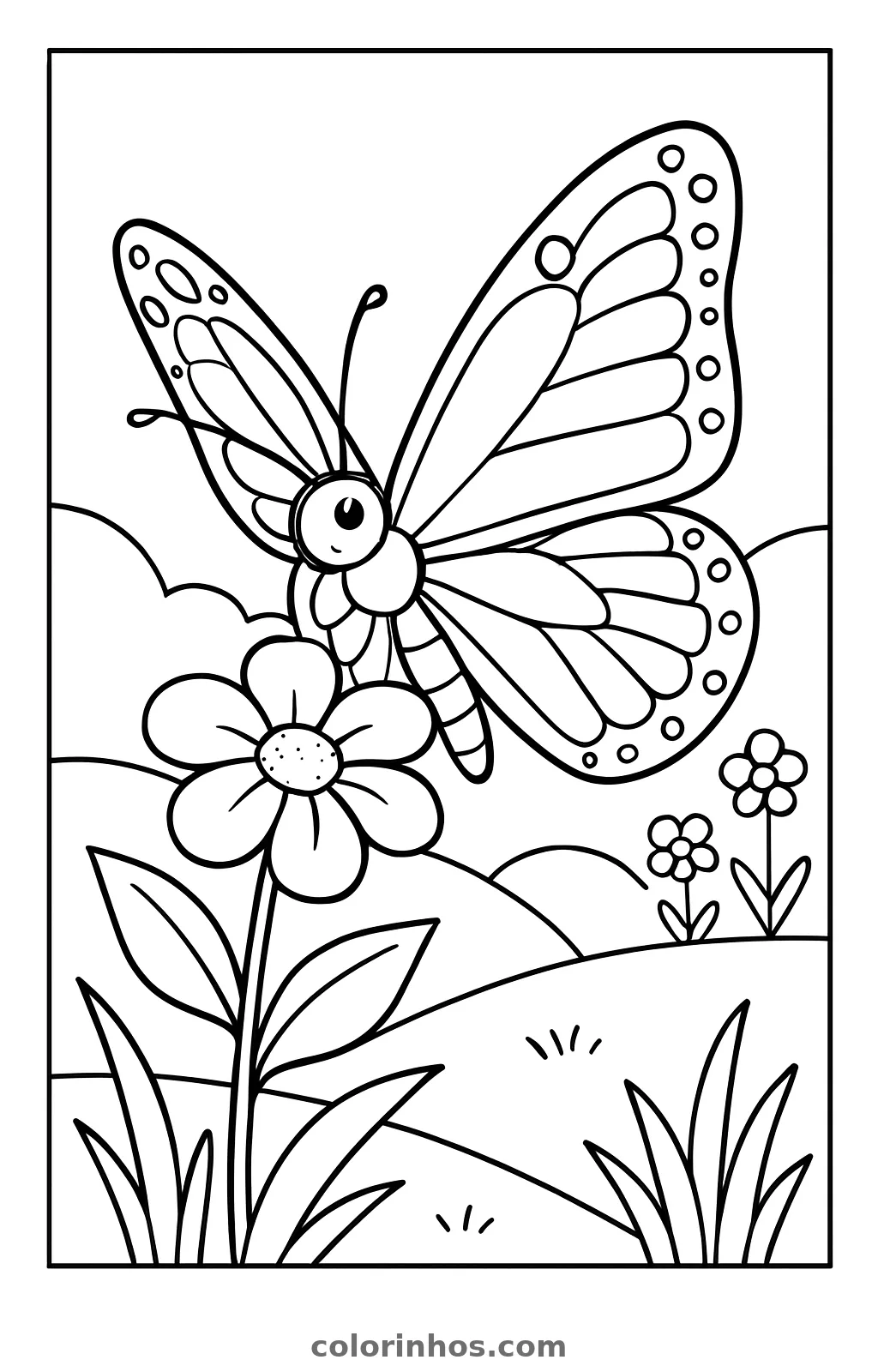 Borboleta-monarca de lado junto a uma flor grande, com morros, florzinhas e moldura, desenho para colorir