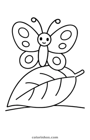 Borboleta numa folha, desenho em preto e branco para colorir
