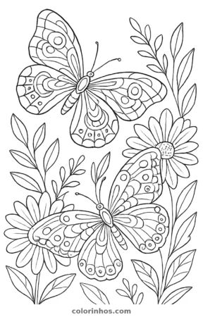 Borboletas sobre as flores, desenho em preto e branco para colorir