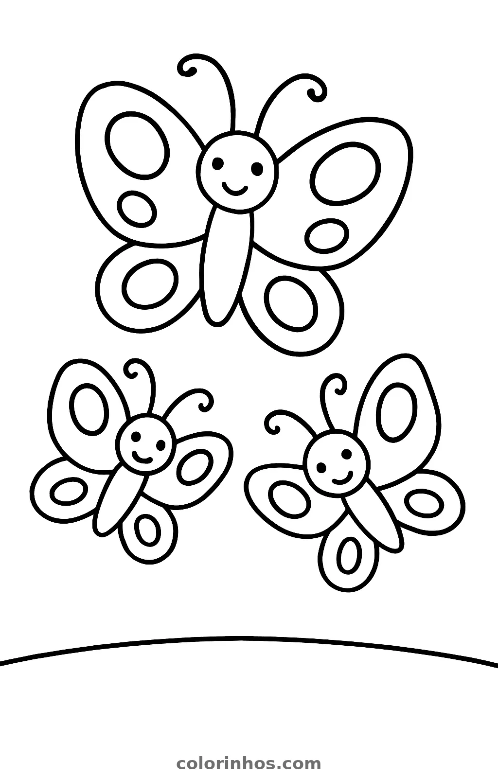 Três borboletas sorridentes com manchas ovais nas asas, uma grande e duas pequenas, desenho para colorir