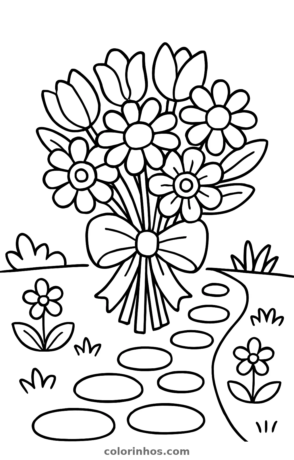 Buquê de tulipas e flores redondas amarrado com um laço, ao lado de um caminho de pedras, desenho para colorir