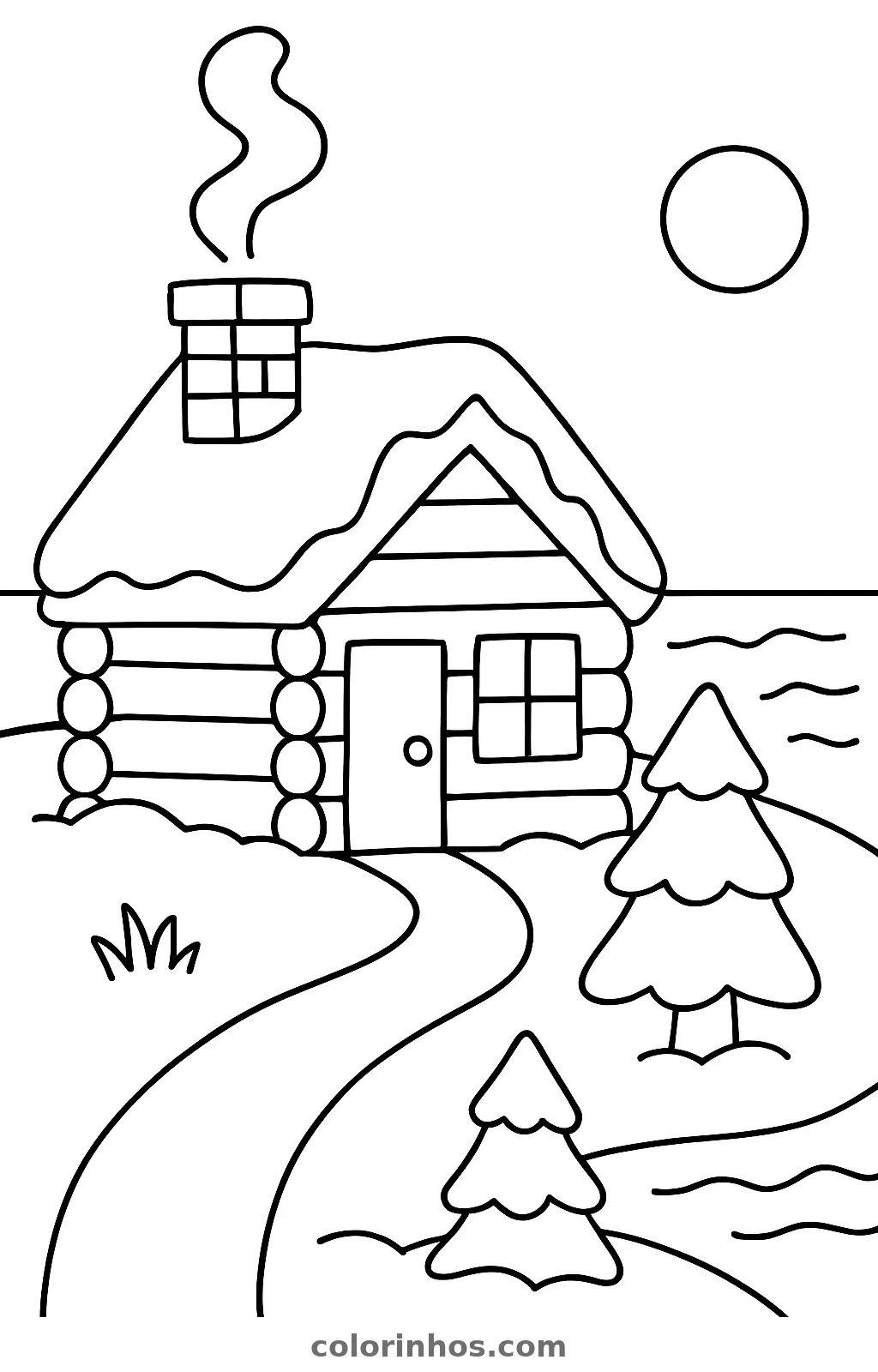 Cabana de troncos com neve no telhado e fumaça na chaminé, ao lado de dois pinheiros e de um lago, desenho para colorir
