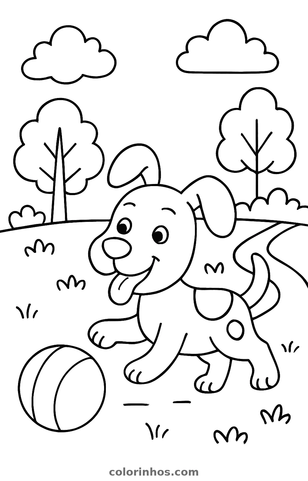Cachorro de língua de fora correndo atrás de uma bola listrada num parque com árvores, desenho para colorir