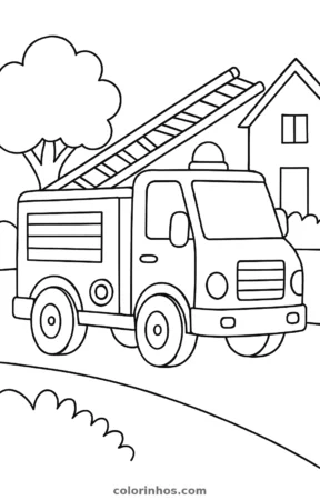 Caminhão de bombeiros, desenho em preto e branco para colorir