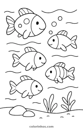 Cardume de peixes, desenho em preto e branco para colorir