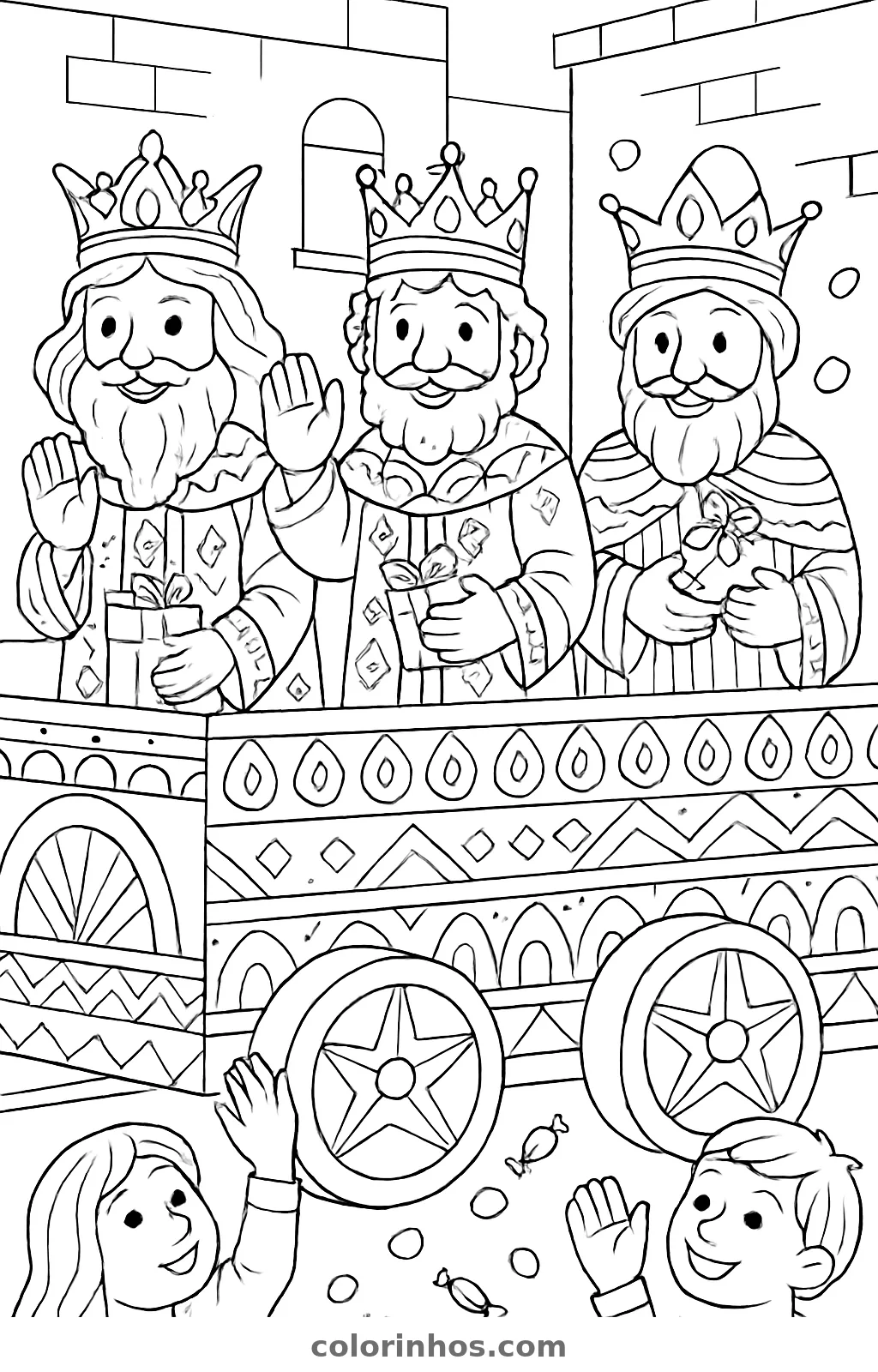 Três Reis Magos num carro enfeitado acenando para duas crianças entre balas caídas, desenho para colorir