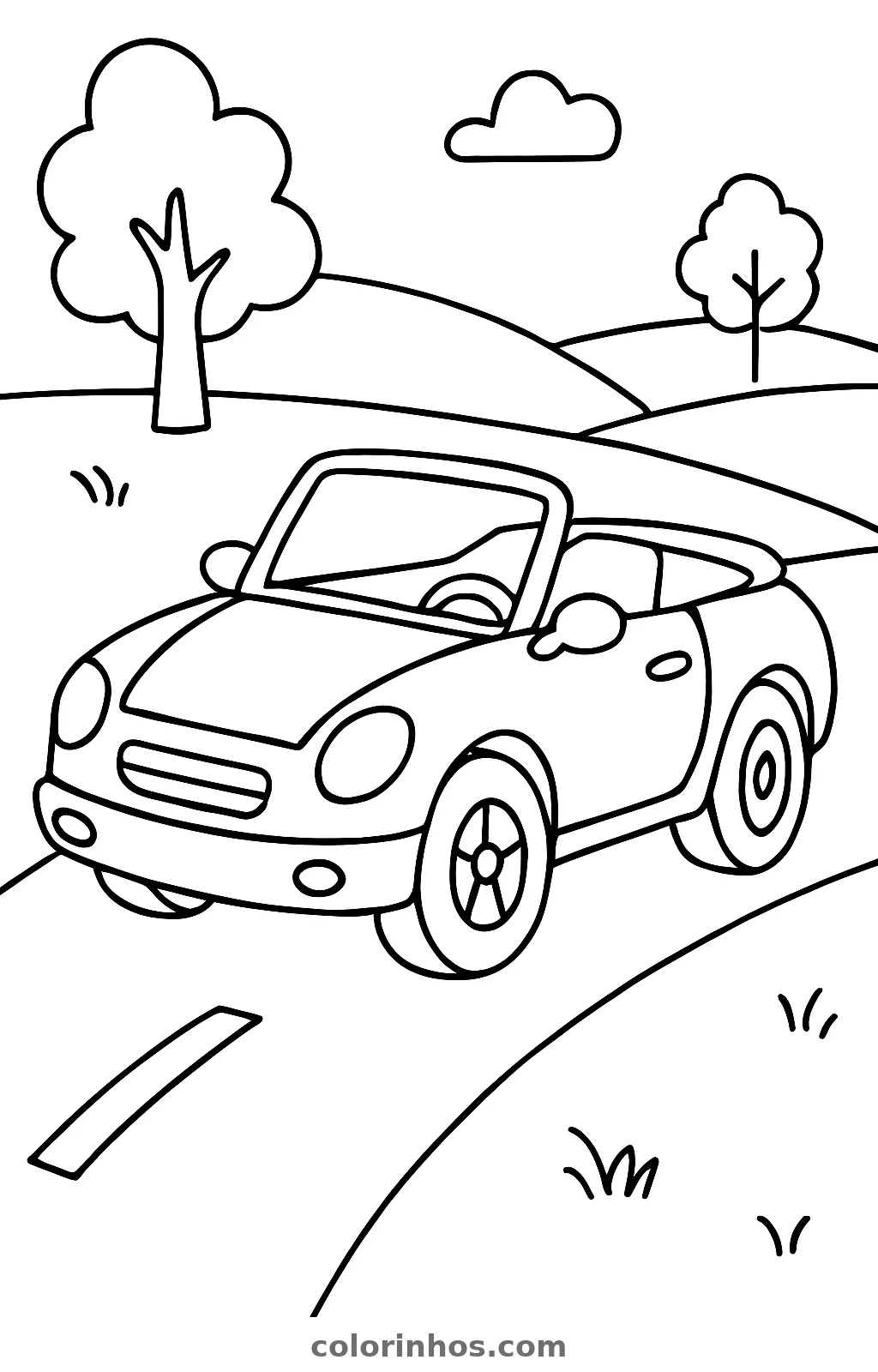 Carro conversível, desenho em preto e branco para colorir