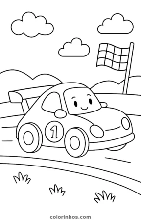 Carro de corrida, desenho em preto e branco para colorir