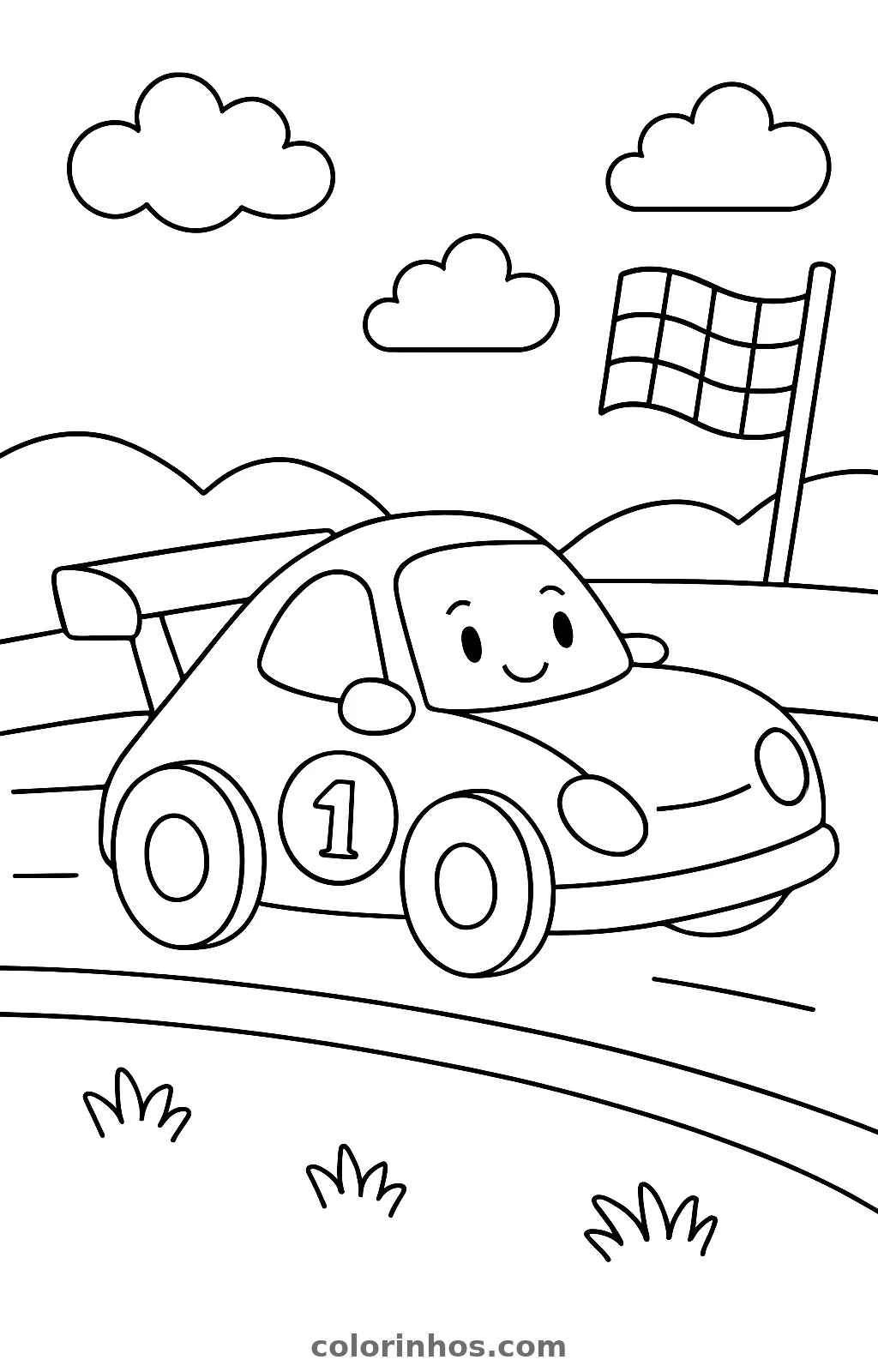 Carro de corrida sorridente com o número 1 numa pista em curva, bandeira quadriculada ao fundo, desenho para colorir