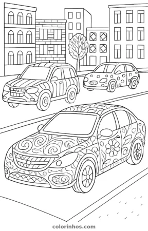 Carros na cidade, desenho em preto e branco para colorir