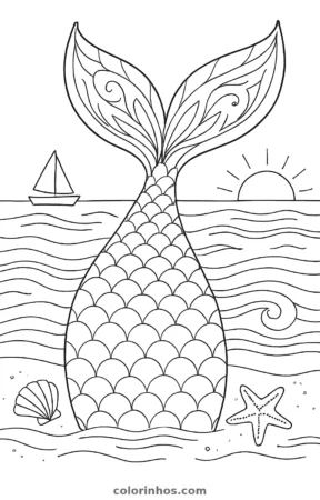 Cauda de sereia, desenho em preto e branco para colorir
