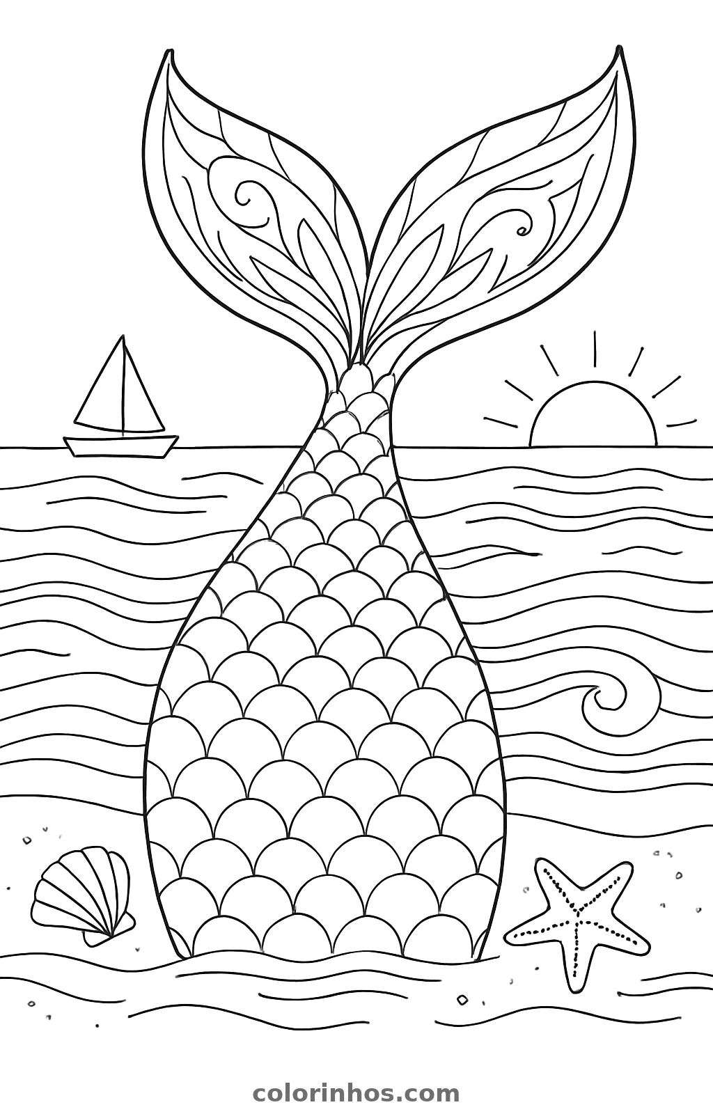 Cauda de sereia saindo do mar, com veleiro, sol no horizonte, uma concha e uma estrela-do-mar, desenho para colorir