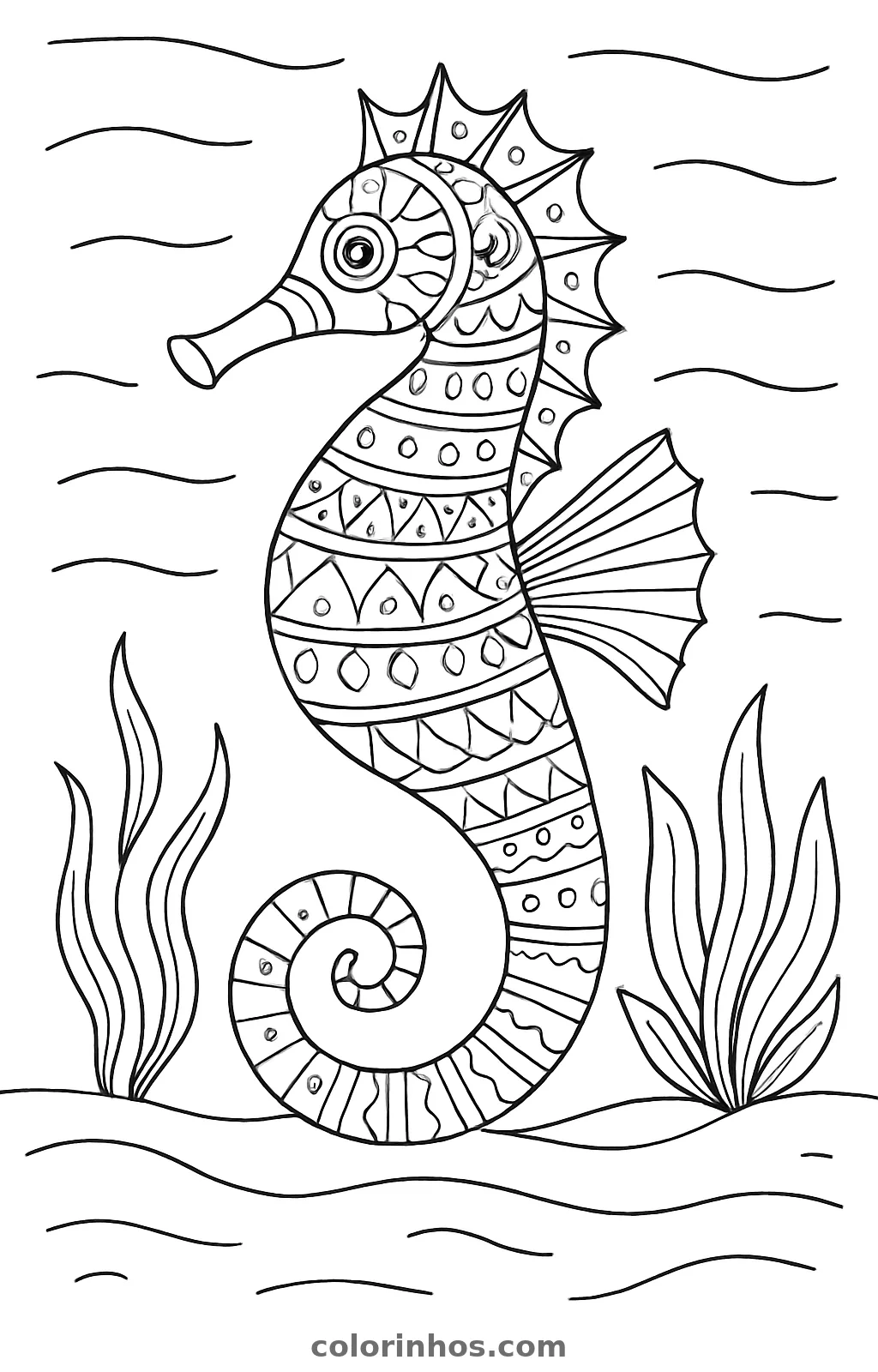 Cavalo-marinho coberto de padrões geométricos, com a cauda em espiral entre algas, desenho para colorir