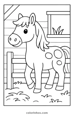 Cavalo no estábulo, desenho em preto e branco para colorir
