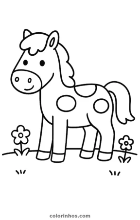 Cavalo no pasto, desenho em preto e branco para colorir