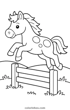 Cavalo saltando uma cerca, desenho em preto e branco para colorir