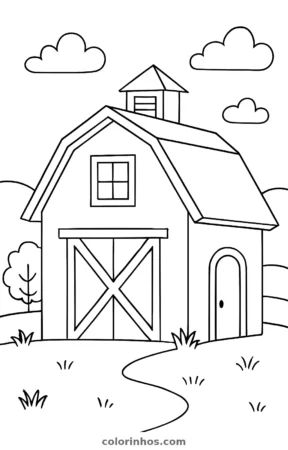 Celeiro da fazenda, desenho em preto e branco para colorir