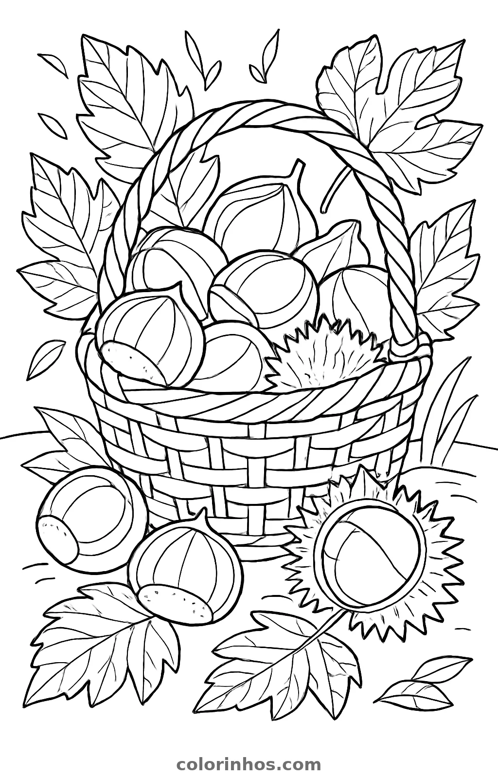 Cesta de vime cheia de castanhas entre folhas grandes, com um ouriço aberto e duas castanhas fora, desenho para colorir