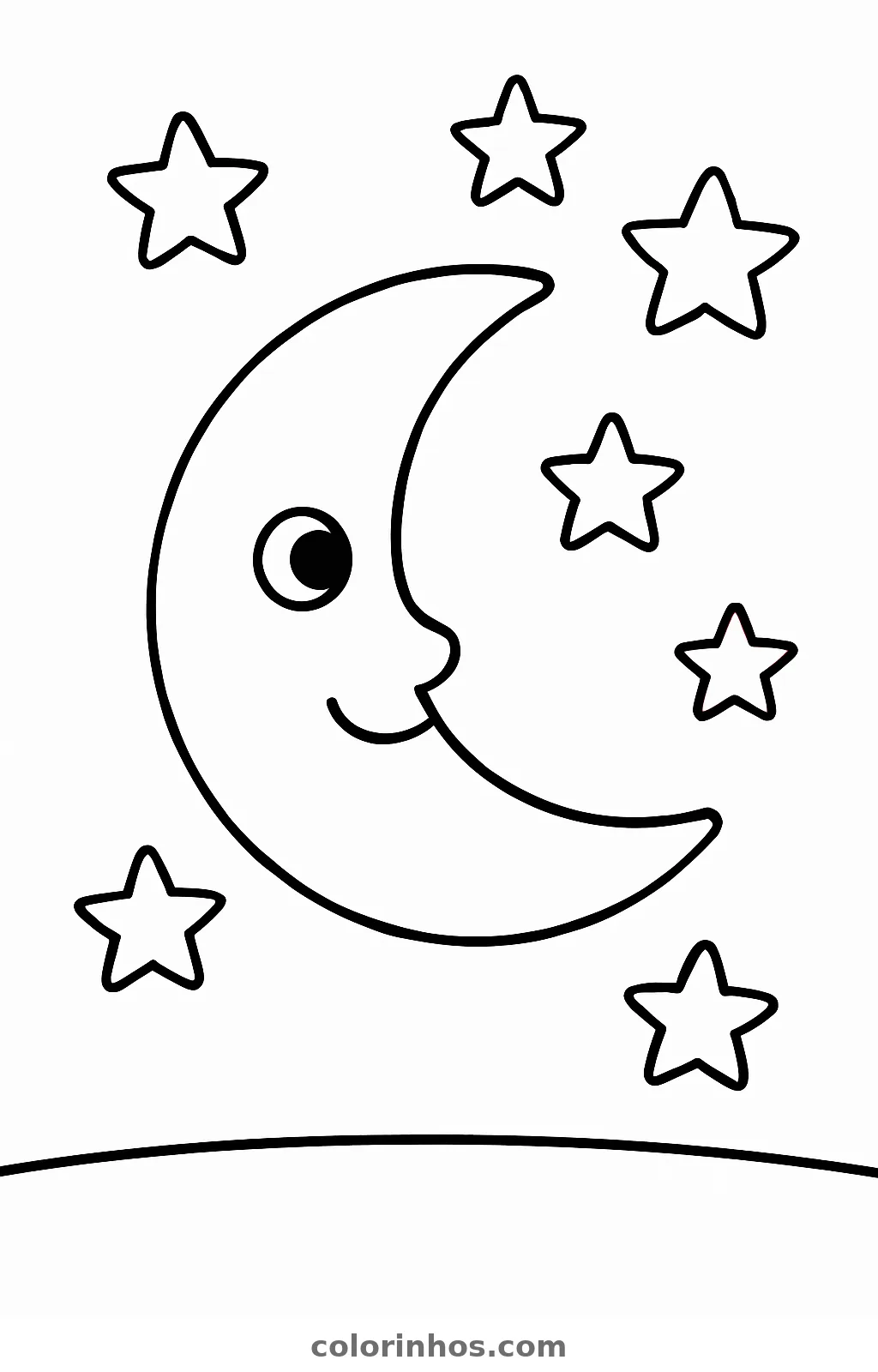 Meia-lua sorridente com sete estrelas em volta, traço grosso, desenho para colorir