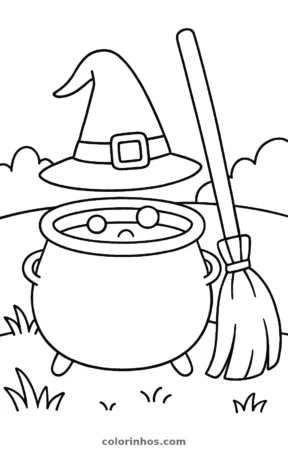 Chapéu de bruxa, vassoura e caldeirão, desenho em preto e branco para colorir
