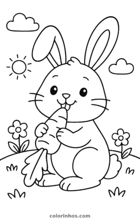 Coelho comendo uma cenoura, desenho em preto e branco para colorir