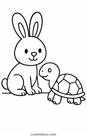 Coelho e tartaruga, desenho em preto e branco para colorir