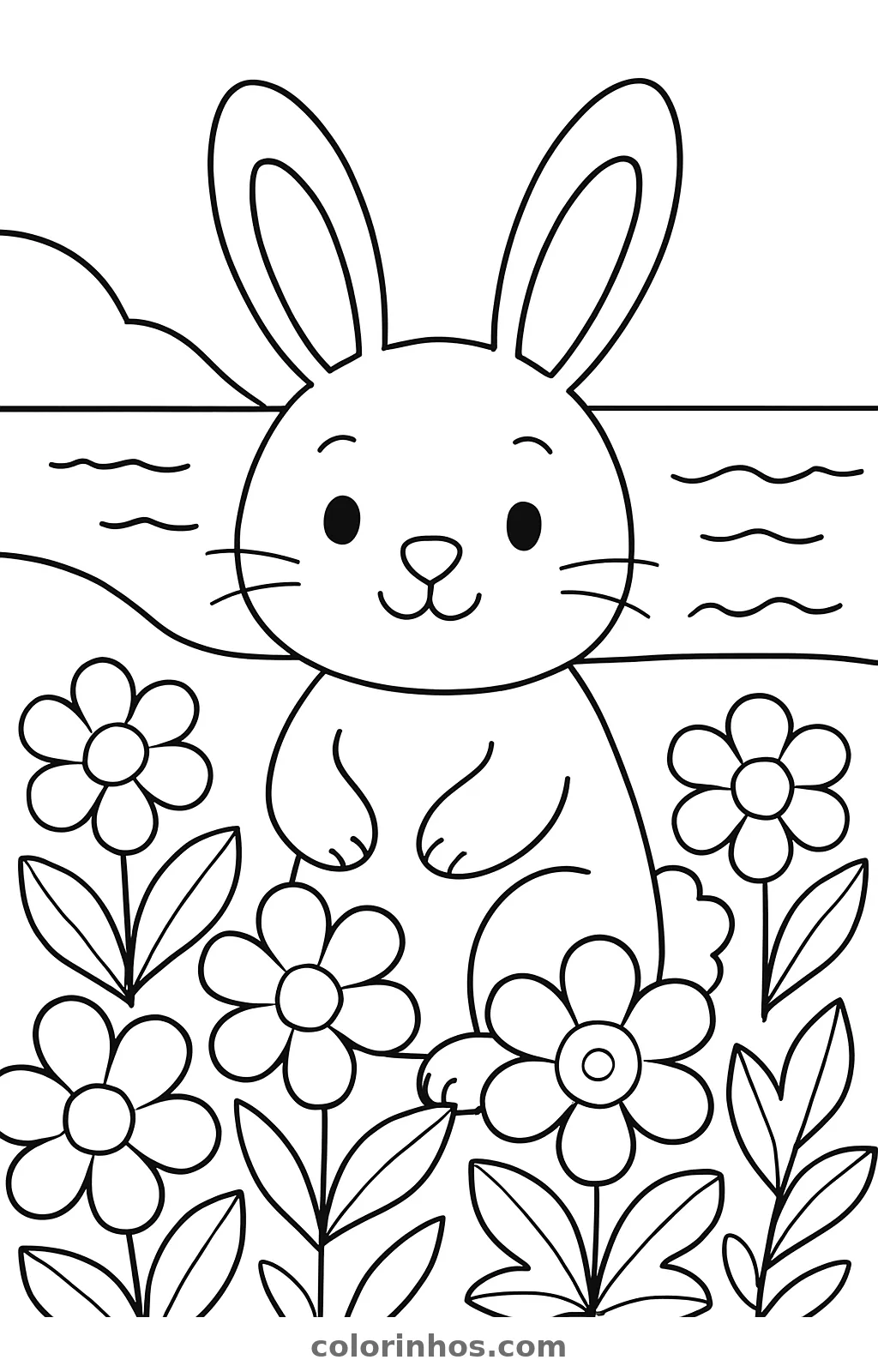 Coelho de frente no meio de cinco flores grandes, com água e um morro ao fundo, desenho para colorir