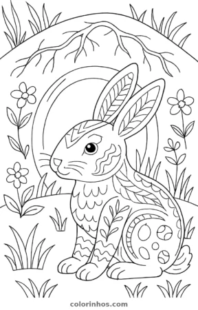 Coelho perto da toca, desenho em preto e branco para colorir