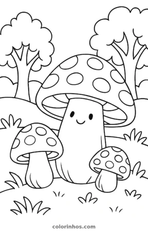 Cogumelos na floresta, desenho em preto e branco para colorir