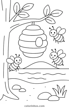 Colmeia numa árvore, desenho em preto e branco para colorir