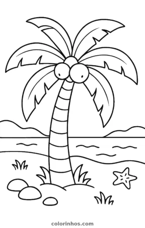 Coqueiro na praia, desenho em preto e branco para colorir
