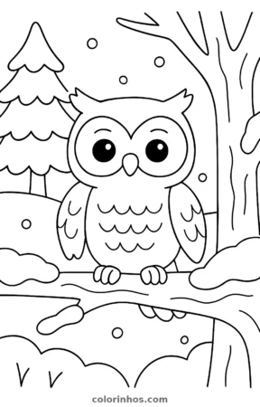 Coruja num galho com neve, desenho em preto e branco para colorir
