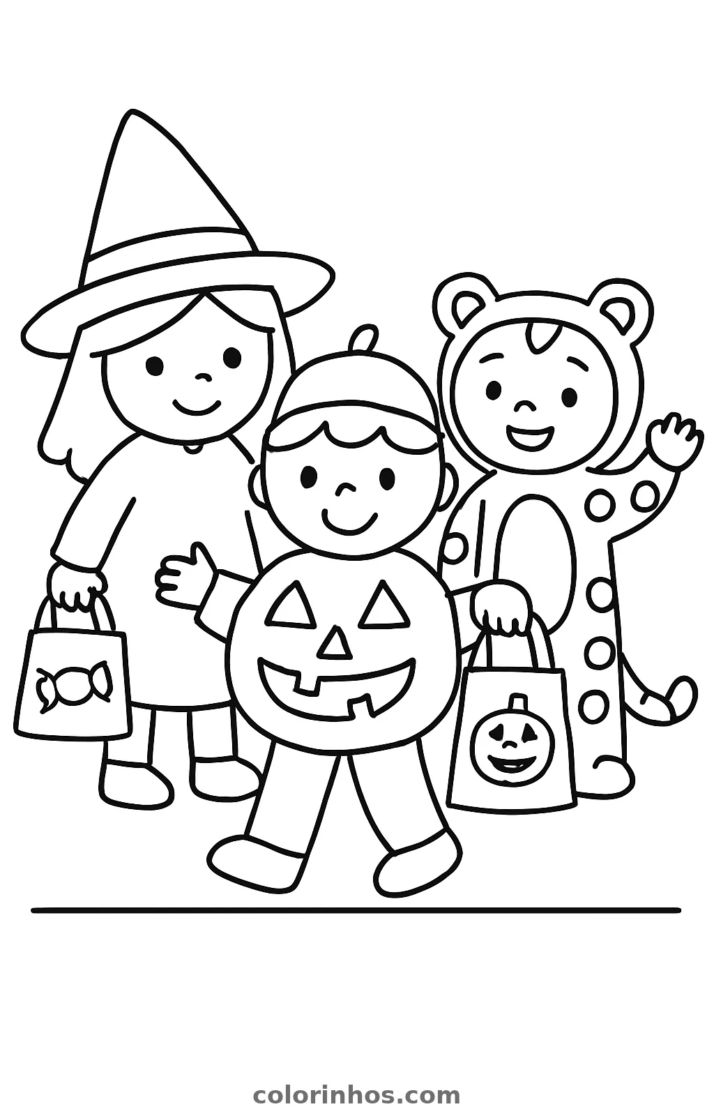 Três crianças fantasiadas de bruxa, abóbora e bichinho de bolinhas, com duas sacolas de doces, desenho para colorir