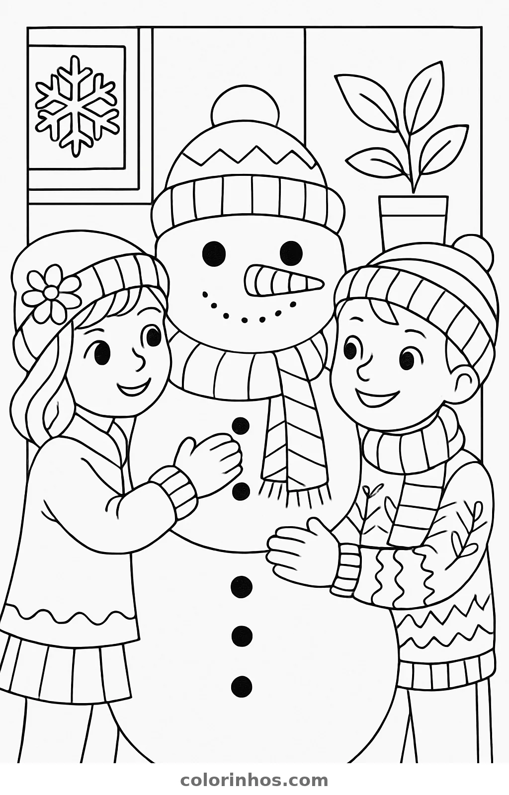 Crianças fazendo um boneco de neve, desenho em preto e branco para colorir