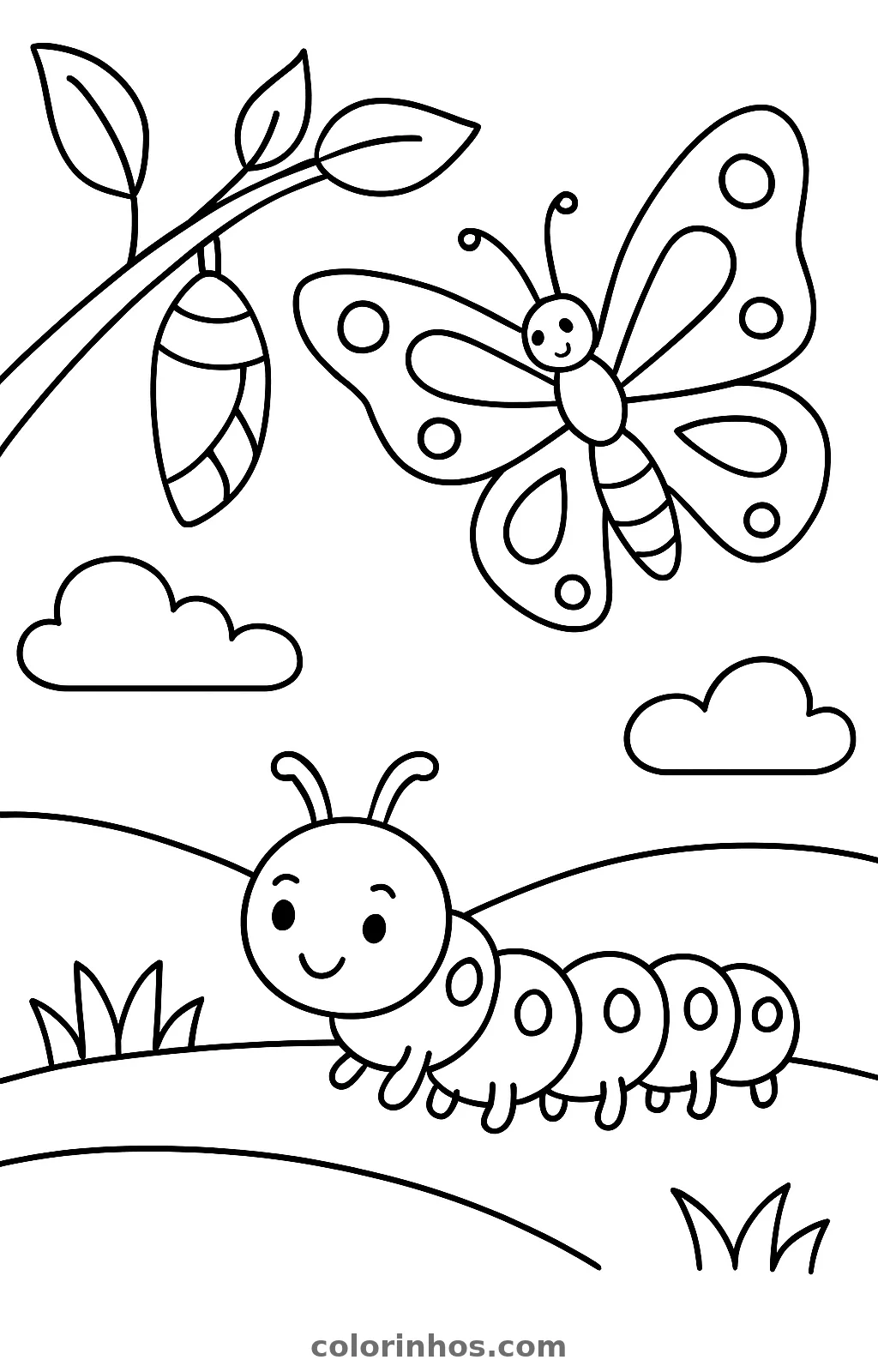 Lagarta sorridente nos morros, crisálida pendurada num galho e borboleta voando entre nuvens, desenho para colorir