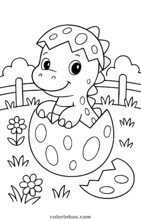 Dinossauro saindo do ovo, desenho em preto e branco para colorir