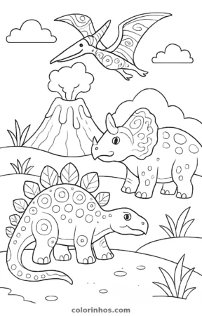 Dinossauros perto do vulcão, desenho em preto e branco para colorir