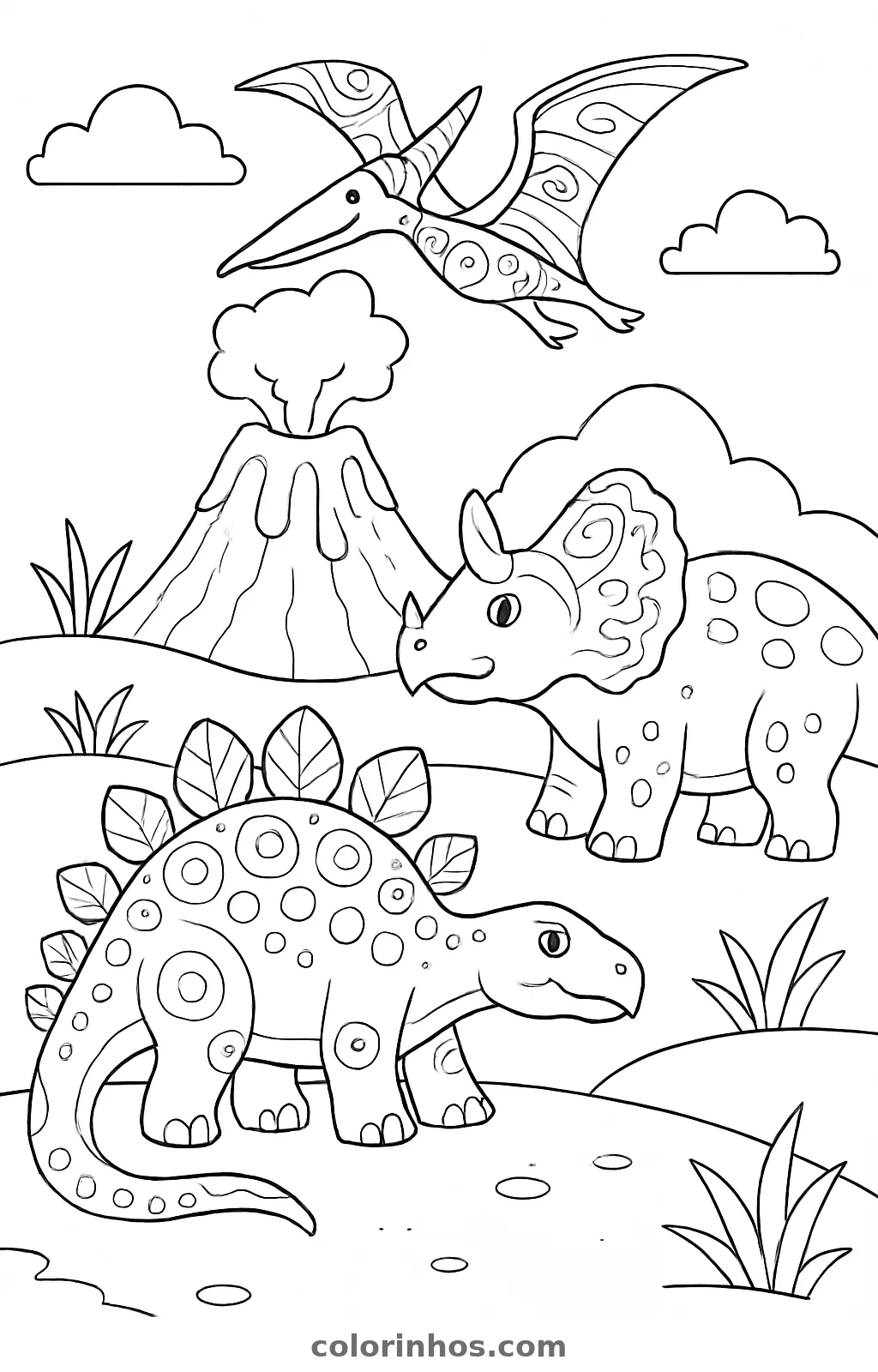 Tricerátops, estegossauro e pterossauro perto de um vulcão fumegante, desenho para colorir
