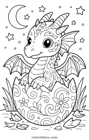 Dragão bebê saindo do ovo, desenho em preto e branco para colorir